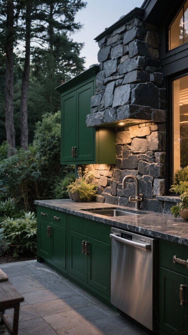 Photorealistic medium shot of deep forest-green cabinetry paired with stacked stone backsplash and slate cladding, chunky “beefy” hardware pulls, dark honed granite countertop, stainless outdoor appliances, warm layered lighting washing the stone to prevent an overly moody feel; framed by dense plantings and tall trees, slight corner angle, evening glow