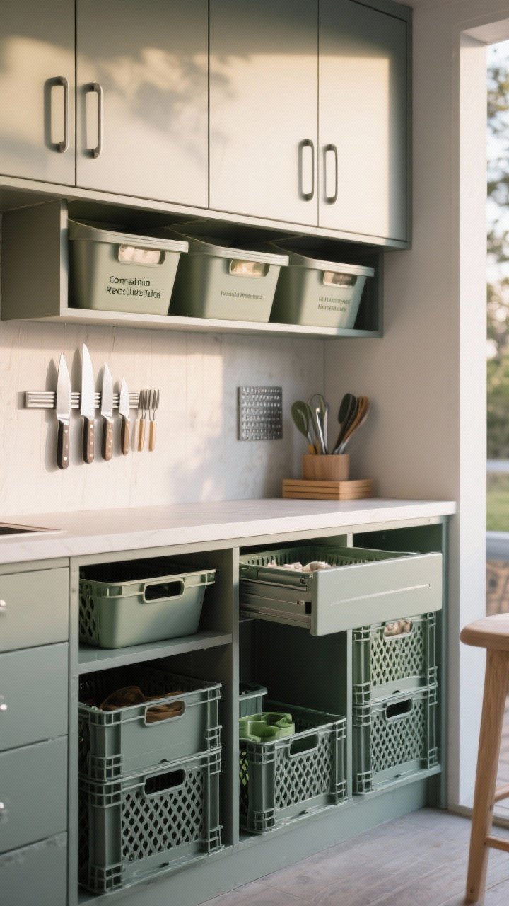 Photorealistic medium shot of durable, modular, recycled storage: marine-grade recycled HDPE cabinetry with sleek pulls, integrated pull-out bins labeled compost/recycling/trash, magnetic strips under a shelf holding knives and tongs protected from weather, and stackable powder-coated metal crates and recycled plastic baskets; soft afternoon light; clean, organized look with zones subtly indicated, emphasizing weatherproof and long-lasting finishes.