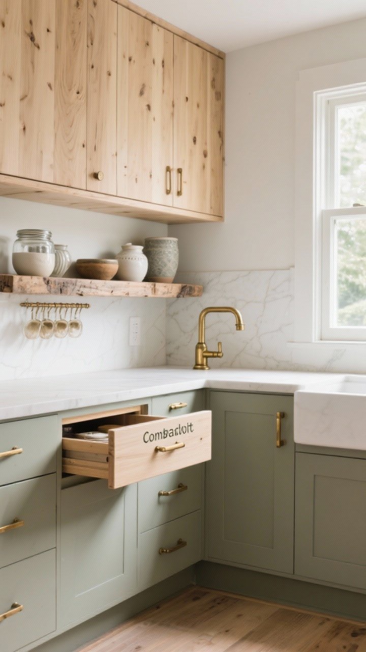 Photorealistic medium shot of eco-conscious cabinetry: FSC-certified wood slab-front cabinets in light maple with a matte low-VOC finish, integrated pull-out compartments labeled compost and recycling, and solid brass bar hardware with a gentle patina. Open shelving in reclaimed wood mounted near a window holds ceramics and jars. Airy, natural daylight with soft reflections on the brass; calm, durable look. No people.