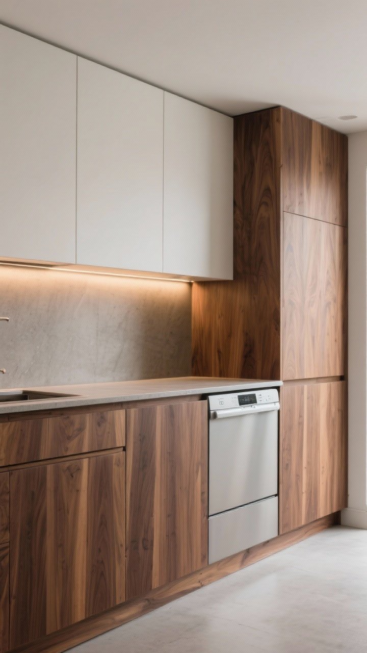 Photorealistic medium shot of flat-panel wood cabinetry highlighting natural warmth: walnut lowers with vertical grain and white upper cabinets; concrete-look countertops for Scandinavian calm; consistent grain matching across panels; matte finish on wood to keep it natural and modern; integrate matching wood panel on a built-in dishwasher for cohesion; warm, indirect lighting; slight corner angle to show grain continuity