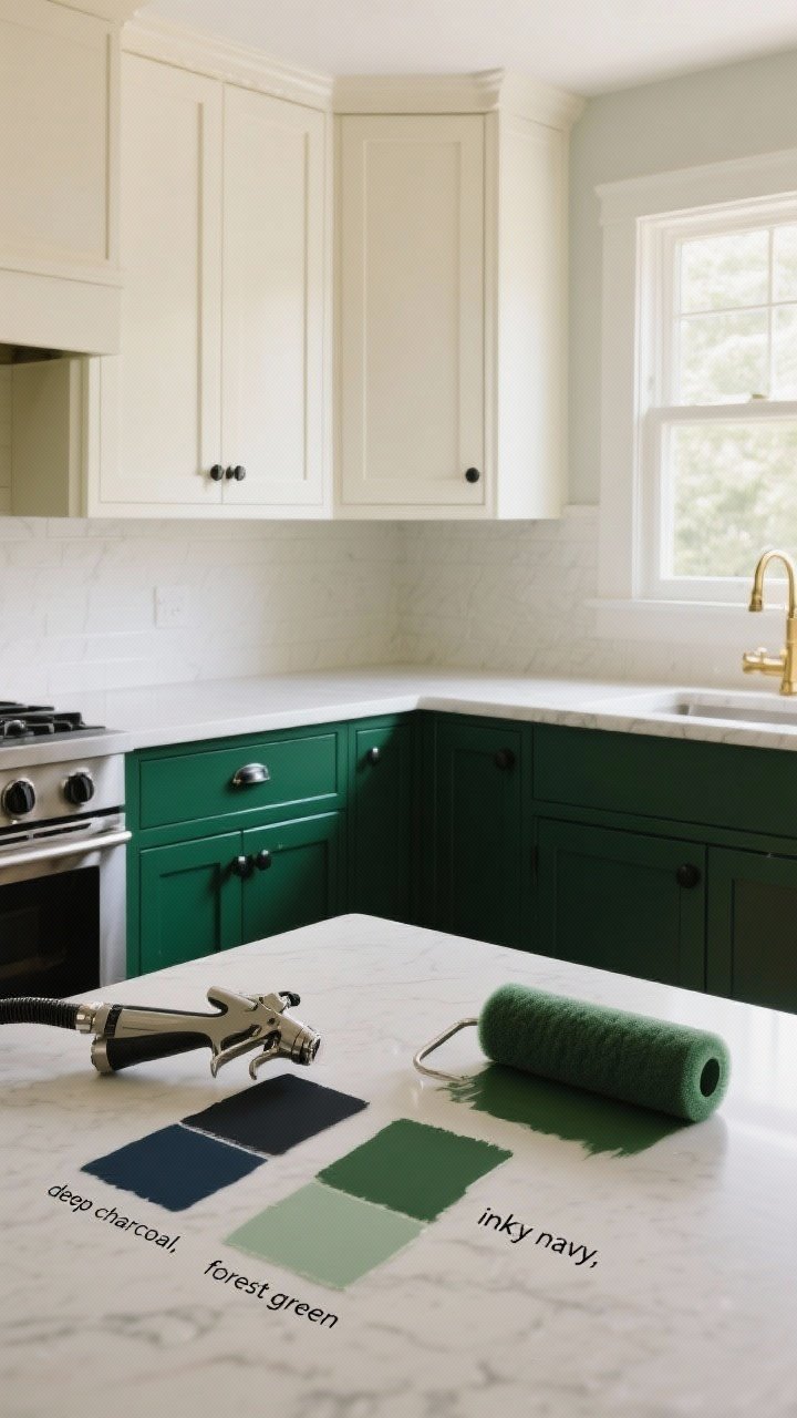 Photorealistic medium shot of freshly painted kitchen cabinets showcasing a designer color story: dark forest green lower cabinets and creamy warm white uppers in a satin enamel finish, with a smooth, factory-like sprayed surface. Include subtle sheen catching natural window light, minimal brass and matte black hardware combo for contrast, and a spotless prep look (primed edges, no brush marks). Angle from counter height with a straight-on view highlighting the two-tone scheme; include a paint sprayer and high-density foam roller on a covered countertop with sample swatches labeled “deep charcoal,” “inky navy,” and “forest green” to imply intentional color selection.