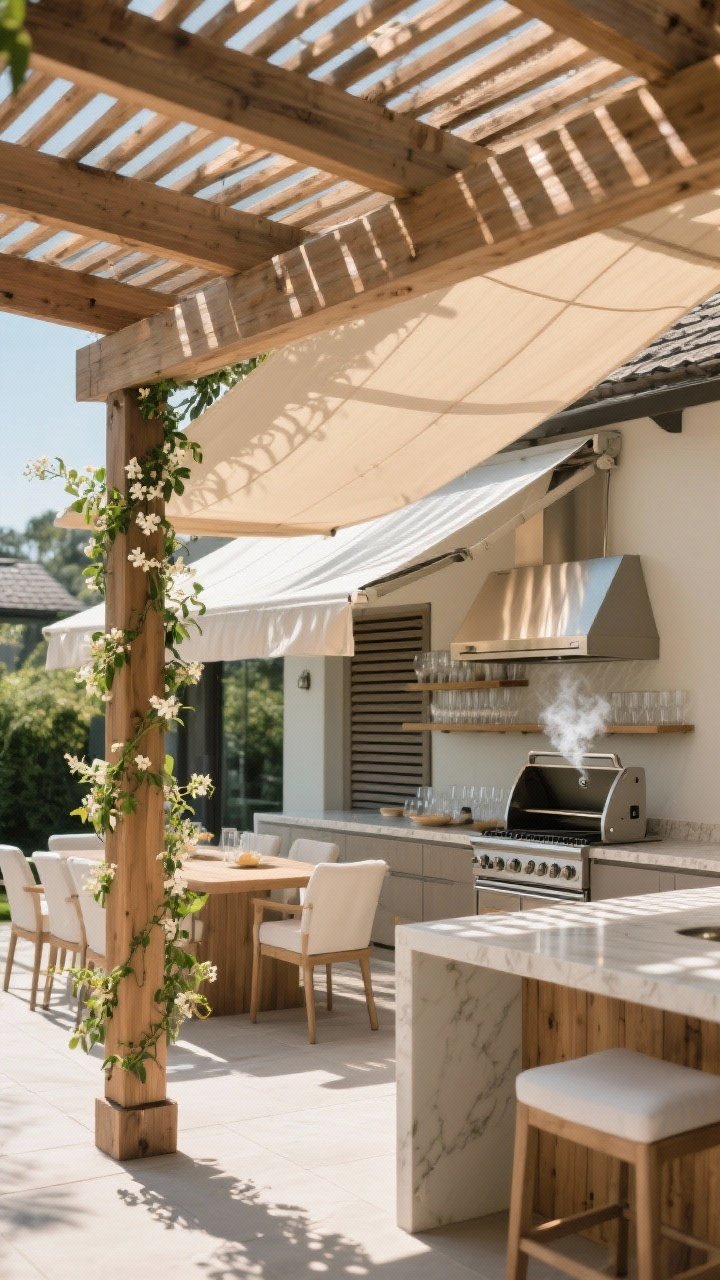 Photorealistic medium shot of layered shade solutions over a cooking and seating area: a timber pergola with slatted top casting dappled light, partially covered by a retractable fabric canopy; jasmine vines beginning to climb the posts; in the background, an adjustable louvered roof panel angled to block harsh sun; place the grill on the leeward side so smoke drifts away from a bar with glasses; bright midday sun filtered into soft patterns across countertops for comfort and efficiency.