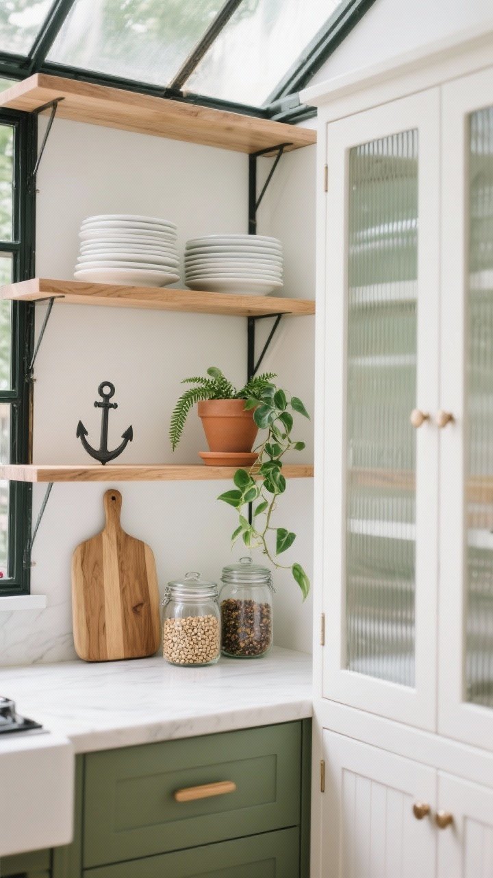Photorealistic medium shot of open kitchen shelving styled like a mini greenhouse: white oak shelves with three anchors (stacked white plates, upright wood cutting board, terra-cotta planter); glass jars of lentils, seeds, and tea for color clarity; trailing pothos and a tiny fern adding soft greenery; repeating tones of woods, whites, and greens; adjacent cabinet doors in fluted/ribbed glass to blur clutter; gentle natural light, dust-free look.