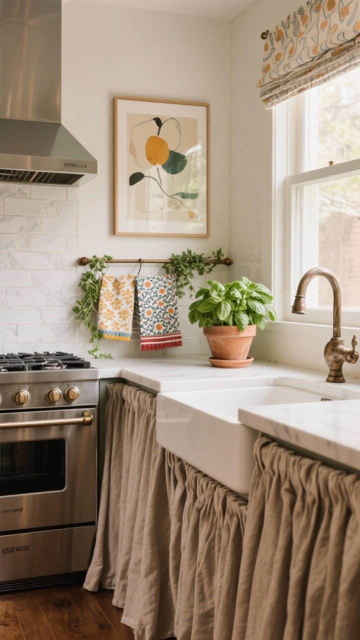Photorealistic medium shot of personality pops without crowding: art leaned on the backsplash behind a protected prep zone (glass cover if near stove), a cushy runner and linen café curtains for texture, patterned tea towels for a small hit of color, trailing herbs on a rail and a potted basil on the sill, plus one bold statement element like a sculptural faucet or distinctive hardware. Warm, lived-in glow, balanced natural light, straight-on framing, edited and uncluttered, no people.
