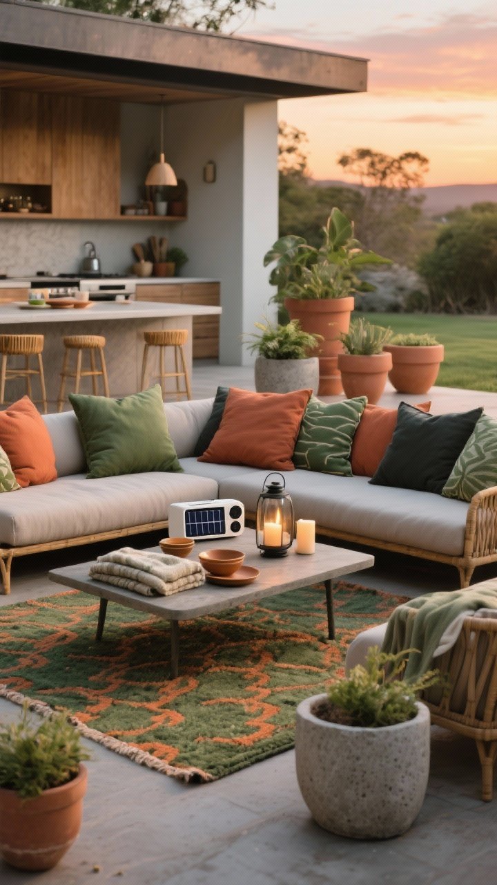 Photorealistic medium shot of sustainable styling and cozy vibes: an outdoor lounge next to the kitchen with a recycled PET rug in earthy greens and terracotta pattern, cushions in solution-dyed fabrics (greens, terracotta, charcoal) on weatherproof seating, planters in recycled fiberstone and terracotta grouped at varying heights, and a mix of enamel and bamboo composite serveware on a low table; a compact solar-charged mini sound system, folded blankets, and candles in wind-safe lanterns; warm sunset glow.