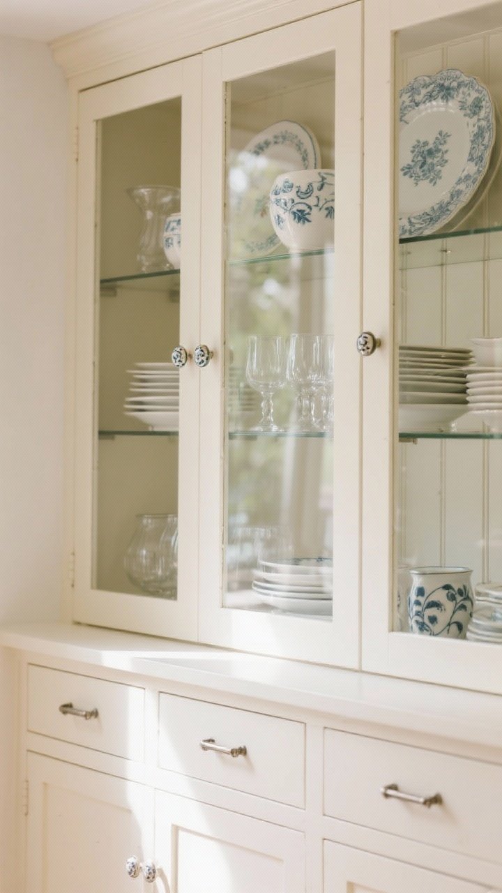 Photorealistic medium shot of upper glass-front cabinets styled with dishes in a pantry nook; clear glass knobs and a few hand-painted ceramic knobs with delicate patterns add vintage charm; lower cabinets use simple metal pulls for balance; soft daylight glinting through glass, subtle sparkle without full glam; creamy white cabinetry and a hint of Parisian flair; no people
