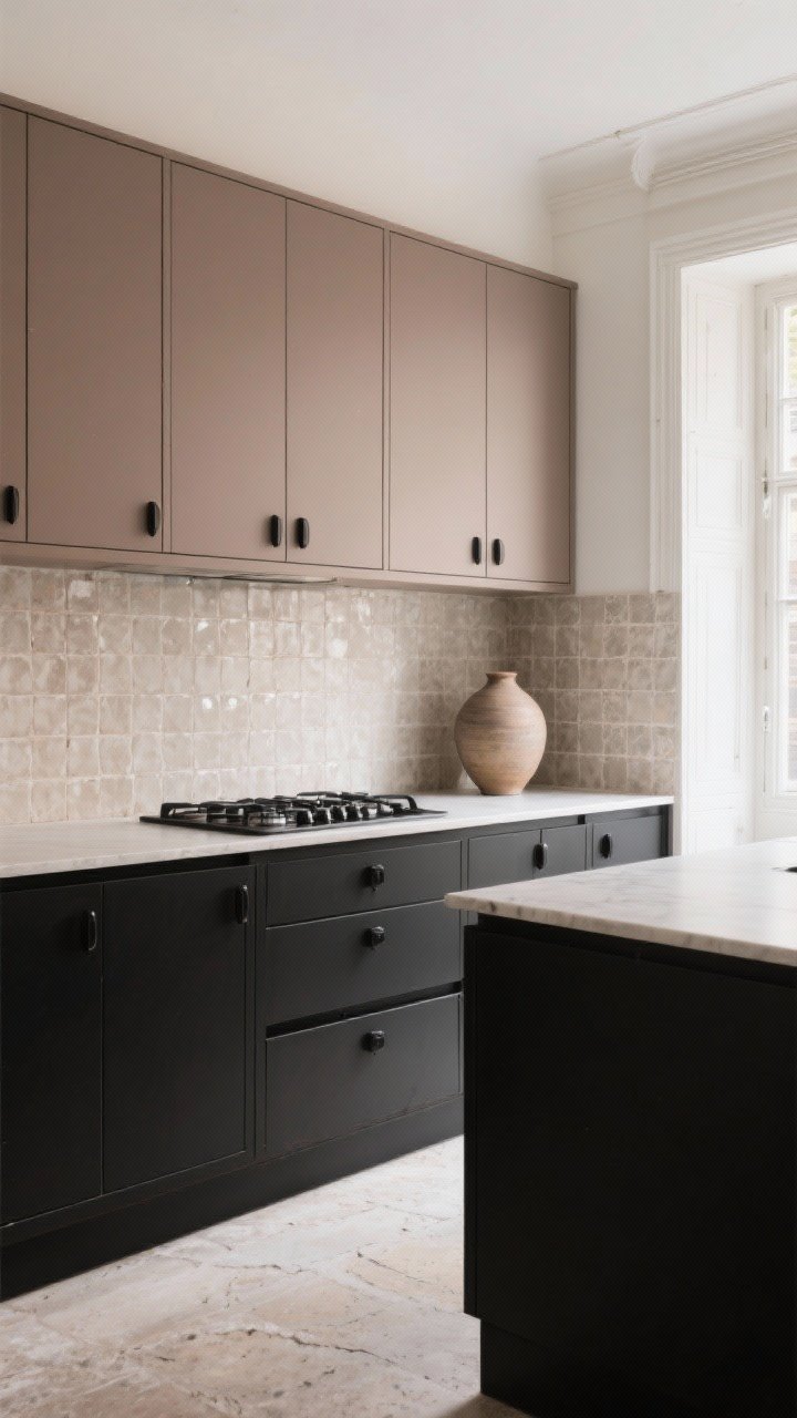 Photorealistic medium shot, Paris apartment vibe: warm taupe upper cabinets with matte black lower cabinets, matte black hardware for a streamlined palette, zellige tile backsplash in a soft neutral for artisanal shimmer, limestone or travertine flooring visible, elegant but unfussy styling with a single ceramic vase, gentle daylight from a side window, high-contrast yet softened by taupe; angled shot from island corner toward the range wall.