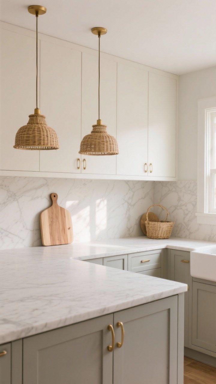 Photorealistic medium shot, quiet luxury tonal palette: soft greige flat-panel lower cabinets with creamy white uppers (warm white, not stark), brushed brass hardware, rattan pendant lights over the counter, light oak accents (open cutting board and trim), natural textures layered in, sunlight bouncing to create a soft glow, pale veined marble or quartz countertop, warm undertones cohesive throughout; angled corner perspective.