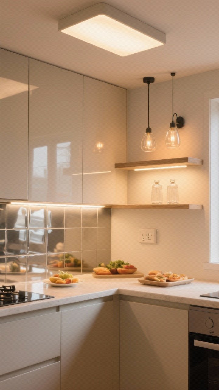 Photorealistic medium-wide kitchen scene showcasing layered lighting: a slim flush-mount ceiling light, warm under-cabinet LED task lighting, and a plug-in sconce over a shelf. Add two small glass or acrylic pendants for style without visual bulk. Use warm bulb temperatures (2700–3000K) with high color accuracy (CRI 90+ implied through appetizing food tones). Incorporate reflective elements—glossy backsplash tiles and stainless accents—to bounce light. Corner angle view, bright and cozy mood, pale cabinetry and light counters, no people.
