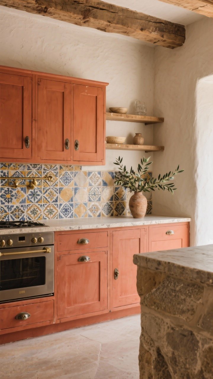 Photorealistic medium-wide kitchen with spicy terracotta cabinet fronts as the focal point; walls kept light and neutral to balance; antique brass and aged pewter hardware mixed for a collected feel; tactile materials: stone countertops, plaster-look walls, exposed wood beam detail; Zellige tile backsplash with slight irregularity; open shelving with a vase of olive branches; warm Mediterranean mood, shot at a three-quarter angle.