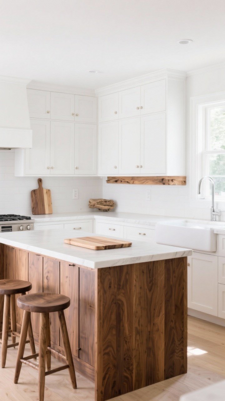 Photorealistic medium-wide shot of a bright white kitchen showcasing intentionally mixed wood tones: a walnut island as the hero piece with panel detailing, light oak lower cabinets, and a subtle driftwood-finish floating shelf. Cool white shaker uppers contrast with taupe-oak stools and a maple cutting board for repetition. Natural morning light, soft shadows; cool undertone whites paired with cooler woods for cohesion. Straight-on perspective emphasizing the layered wood tones without feeling matchy-matchy.
