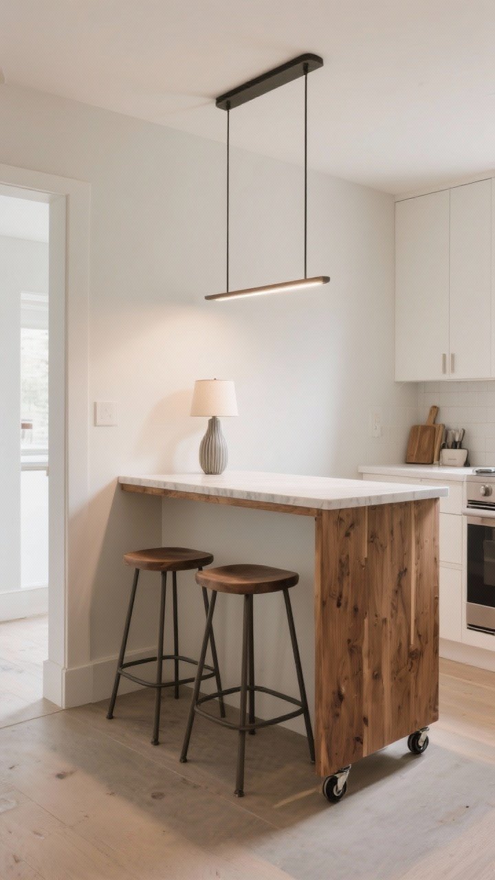 Photorealistic medium-wide shot of a tiny island with big impact: a narrow butcher block console on casters centered in a small kitchen, styled with two backless stools that tuck fully underneath, a slim vase or petite lamp on top, and a waterfall edge or rounded corners to ease circulation. Light, open palette, functional task lighting overhead, shot from a corner angle to show traffic flow, no people.
