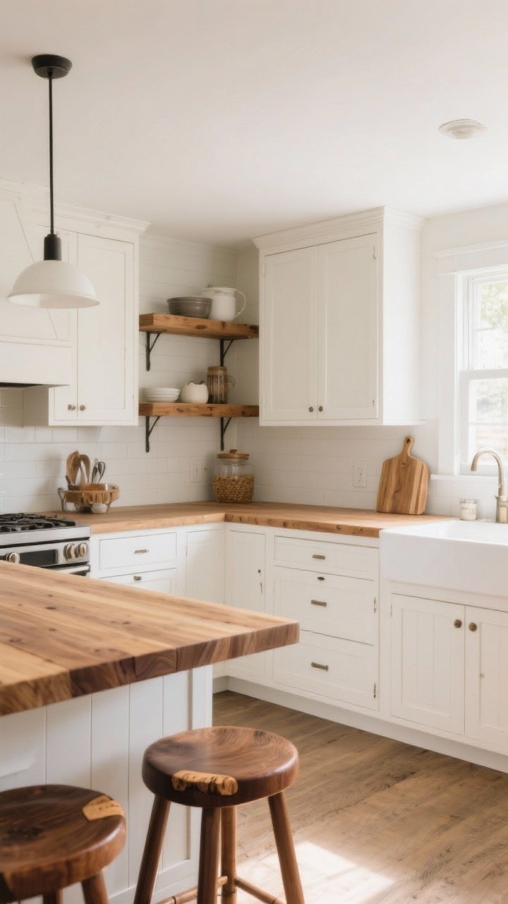 Photorealistic medium-wide small farmhouse kitchen, crisp creamy white cabinets in linen/eggshell finish paired with warm wood countertops and a butcher block island top; floating oak shelves, walnut stools with pine accents; soft daylight bouncing off whites and woods to make the space feel larger; subtle lived-in charm with a few everyday items; straight-on view emphasizing the contrast of whites and warm wood tones, cozy and inviting.