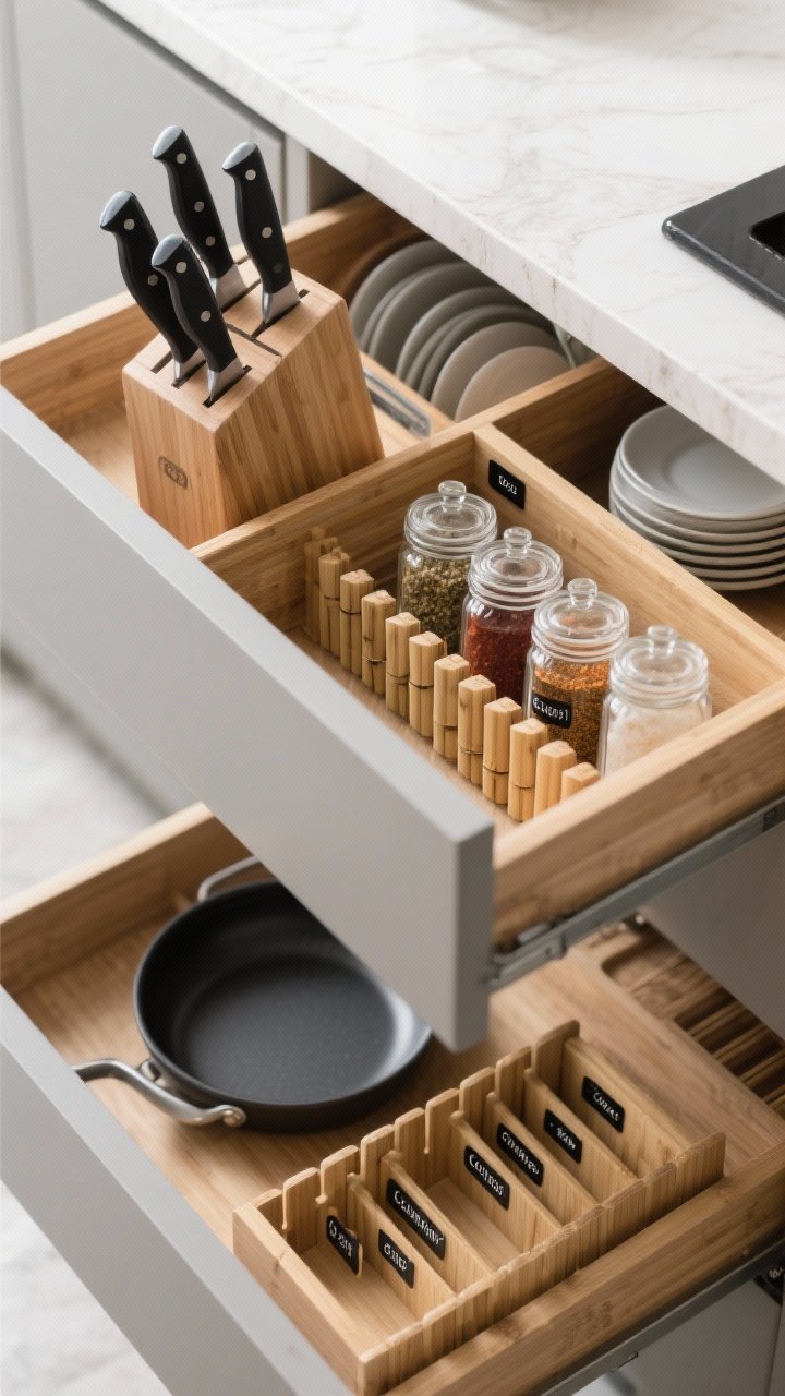 Photorealistic overhead closeup of meticulously divided drawers: a bamboo customizable divider set separating cooking utensils from tableware, an in-drawer knife block with blades safely nested, an angled spice insert with labels-up jars (cumin, paprika, etc.), and a lid organizer with pan file dividers preventing nesting scratches. Natural wood grain, matte black knives, clear spice jars, subtle daylight; crisp, top-down composition highlighting order and texture.