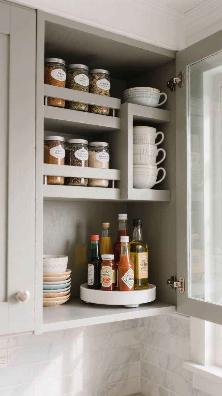 Photorealistic overhead detail shot of an upper cabinet transformed into a pantry-in-disguise: tiered shelf risers display spice jars with visible labels; adjacent rectangular riser doubles space for stacked mugs and bowls; a rimmed round lazy Susan holds oils and sauces, grouped by use—one cluster for Asian sauces, one for baking essentials; balanced daylight from the side highlights glass reflections and the matte paint texture inside the cabinet