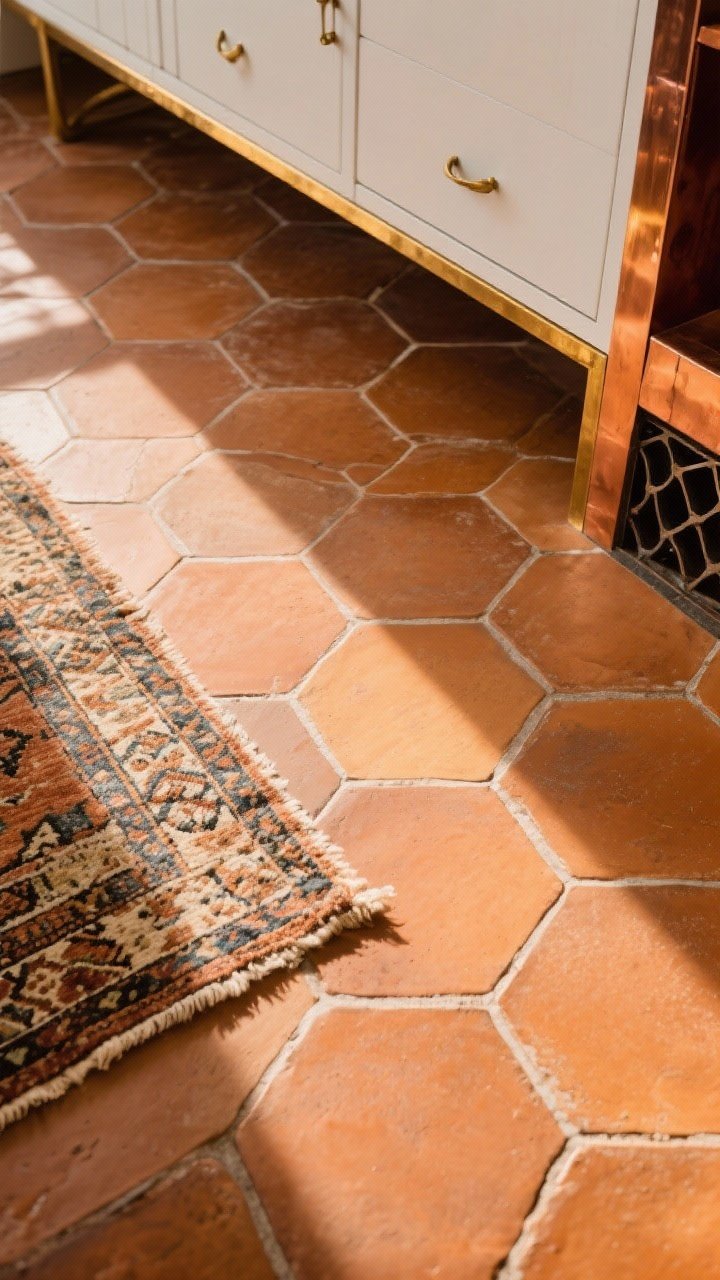 Photorealistic overhead detail shot of terracotta tiles in a hex pattern, sunbaked earthy orange-brown tones, matte finish that hides dust; warm-toned grout for a cohesive look; corner of a vintage rug layered partly on the tile; hints of white cabinetry and iron or copper accents at frame edge; golden afternoon light for sun-kissed warmth.