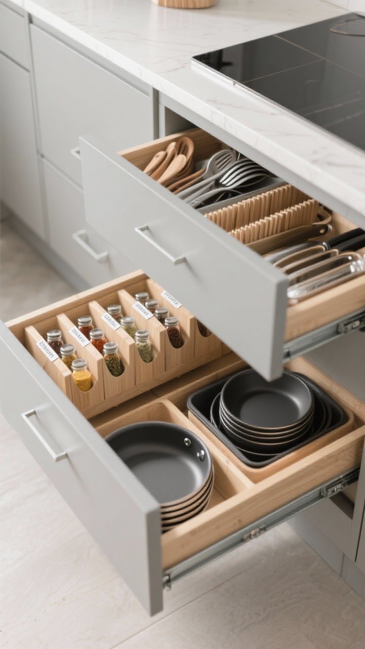 Photorealistic overhead shot of deep kitchen drawers optimized for access: a full-extension drawer pulled all the way out showing tiered utensil and spice organizers in light maple; spices arranged in angled tiers with clear labels; a second drawer with stand-up dividers neatly separating pans, lids, and trays so each pulls out easily; soft-close hardware detail visible; neutral cabinetry in soft gray; bright task lighting highlighting organization and texture of wood dividers.