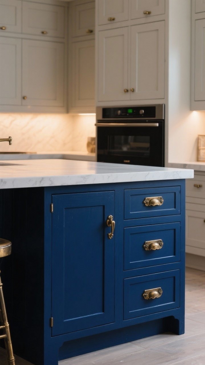Photorealistic straight-on medium shot of a boldly painted island in deep navy (ink blue) with high-contrast aged brass hardware, set against main cabinets in a soft greige. Include alternative hardware cues on a side drawer face in matte black and antique pewter to suggest options, while keeping the hero look ink blue + aged brass. The island acts as the visual anchor; finishes are velvety matte. Warm ambient lighting with subtle reflections on the hardware, showcasing color contrast and tactile pulls.