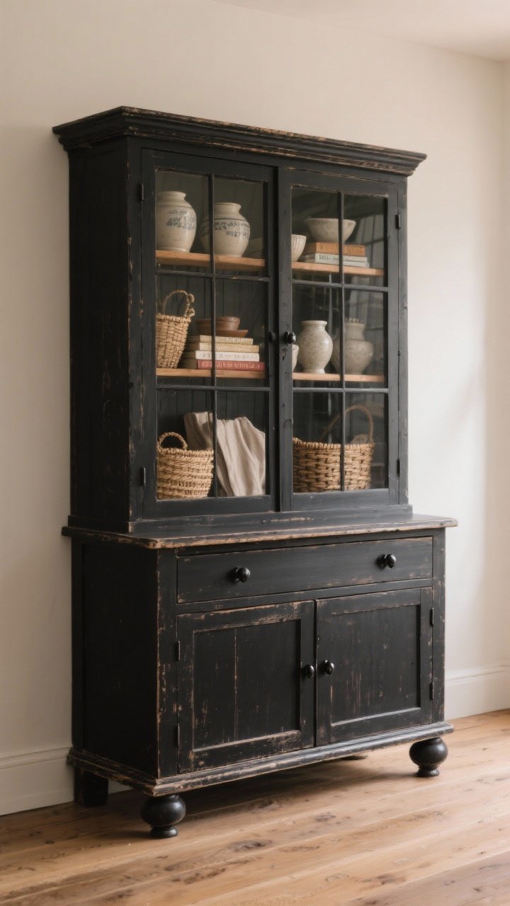 Photorealistic straight-on medium shot of a freestanding farmhouse hutch: painted weathered black with a gentle worn edge, simple crown molding and bun feet for a furniture-grade feel; upper glass doors showcasing stoneware, cookbooks, and woven baskets styled with wood, ceramic, and linen; matching black iron knobs; placed against a light wall with wide-plank floor; soft, warm ambient lighting for an heirloom moment.