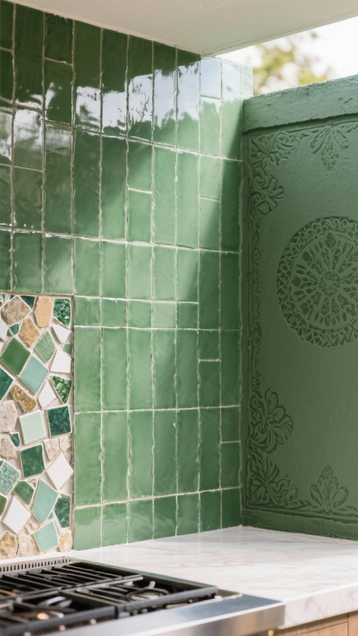Photorealistic straight-on medium shot of a green outdoor backsplash: covered wall with exterior-rated peel-and-stick tile in stone/zellige-inspired green hues; a small section showing mixed leftover tiles forming a mosaic accent, grout sealed; adjacent panel of painted cement board stenciled in deep olive for a faux-tile look; edges and seams clean; a clear UV-resistant sealant sheen near the grill zone; even natural light with slight reflections