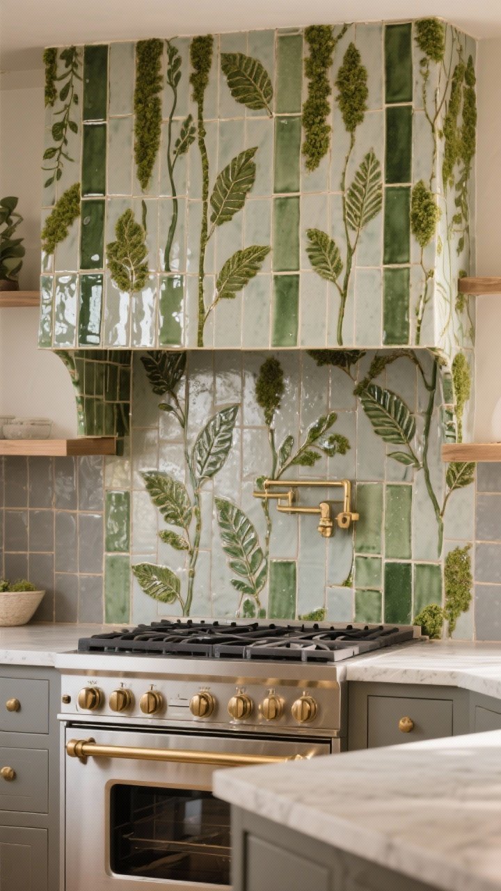 Photorealistic straight-on medium shot of a range wall featuring leafy-patterned and mossy green hand-glazed skinny subway tiles installed vertically to mimic plant stems; mixed glossy and matte tiles creating dew-kissed depth; warm gray/sand-colored grout softening outlines; a tiled niche behind the range as a focal point; brushed brass hardware and neutral counters; soft, natural afternoon light grazing the textured glaze.