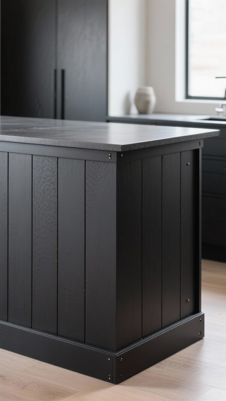 Photorealistic straight-on medium shot of an island wrapped in horizontal shiplap siding with an ultra-matte, soft-touch finish in soft black. Mitered corners and hidden fasteners or filled nail holes create a smooth, custom face. Pair with a streamlined countertop for a clean, modern edge—no heavy distressing. Balanced daylight emphasizes the subtle texture and crisp lines, delivering a design-mag polished appearance.