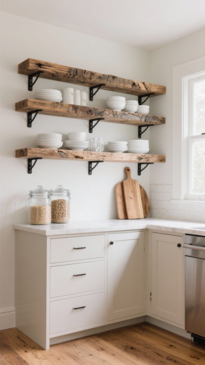Photorealistic wide corner-shot of a kitchen wall with balanced open shelving and closed lower cabinets; thick reclaimed wood shelves with live-edge fronts, supported by minimal black iron brackets; on shelves: everyday white dishes, clear glass storage jars with grains, leaning cutting boards; surrounding area kept simple to reduce visual stress; gentle daylight from a nearby window, warm mid-tone wood floors.