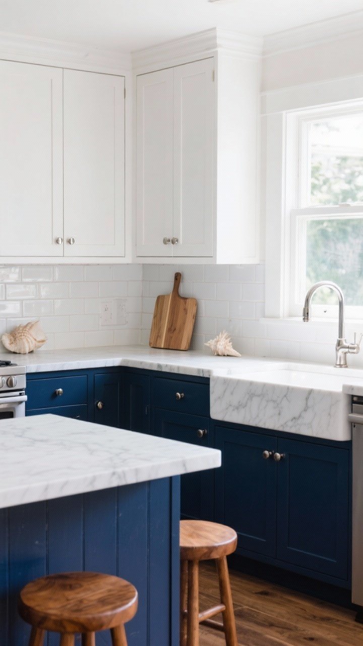 Photorealistic wide kitchen shot, coastal chic style: matte deep navy lower cabinets (Benjamin Moore Hale Navy) with crisp white shaker-style uppers (Chantilly Lace), polished nickel bar pulls, soft veined white quartz countertops, warm wood cutting boards and a pair of warm wood counter stools, subtle nautical-adjacent vibe without seashells, airy and bright natural daylight, mixed-metal faucet options visible, clean subway tile backsplash in white, balanced contrast with navy grounding the space; straight-on perspective.