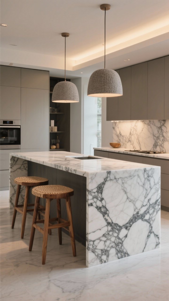 Photorealistic wide kitchen shot featuring a modern waterfall island in marble with bold veining flowing seamlessly down both sides (2–3 cm thick slab), vein-matched on the end panels; minimal surrounding cabinetry keeps focus on the sculptural island; warm wood stools with simple lines and textured woven seats soften the sleekness; two matte textured pendants add warmth; soft daylight plus warm 2700–3000K ambient lighting; straight-on perspective emphasizing visual continuity and luxe drama; no people