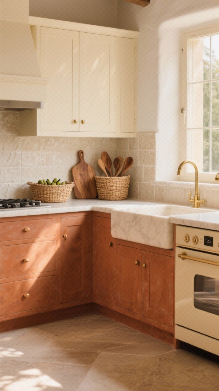 Photorealistic wide kitchen shot, Mediterranean warmth: clay terracotta lower cabinets (muted, brown undertones, not orange) with soft cream uppers, textured cream backsplash tiles, creamy quartz countertop, bisque-tone appliances blending with the warm palette, brass hardware, sunlit ambience that feels cheerful in low light, woven basket and olive wood utensils adding natural texture; straight-on view with large window light.