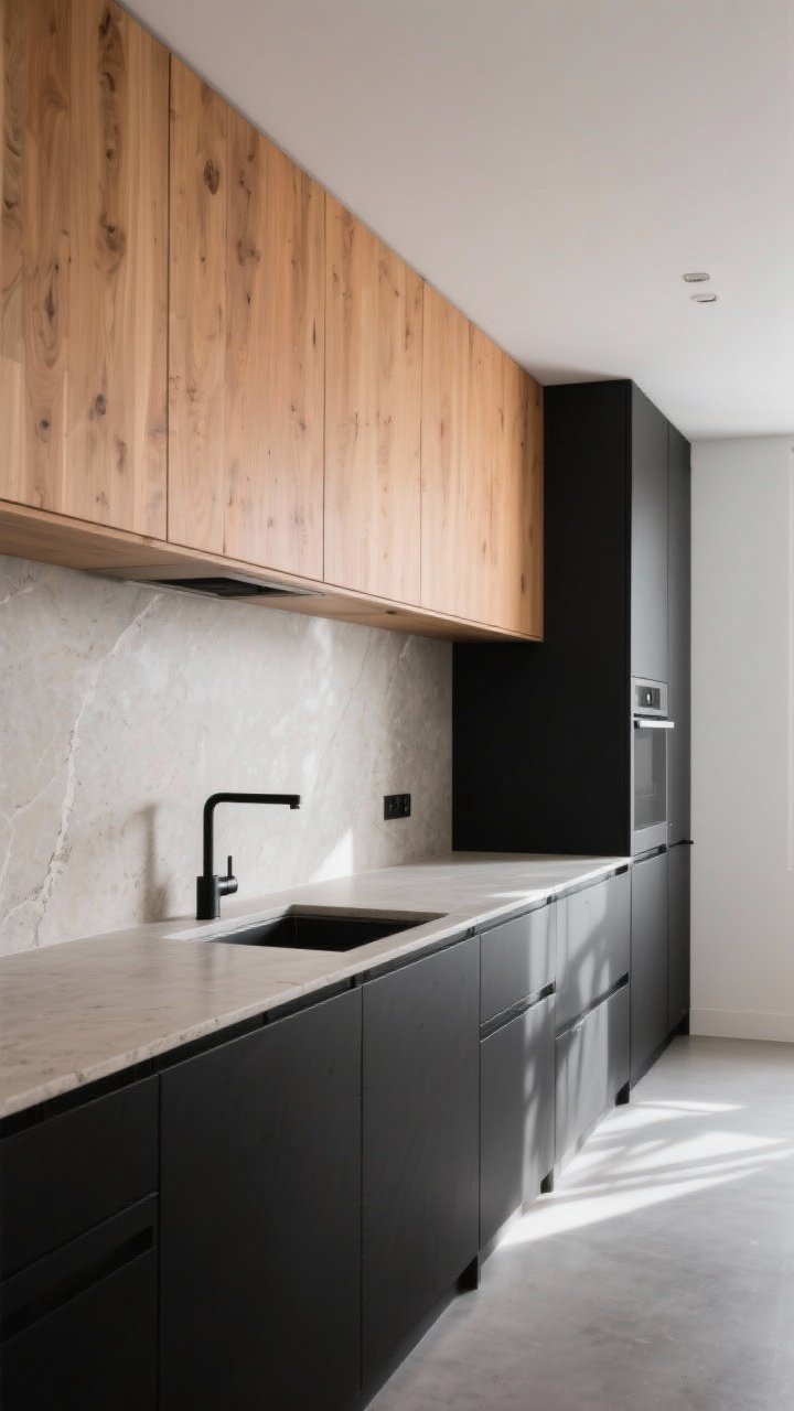 Photorealistic wide modern kitchen, effortlessly cool: matte black lower cabinets, natural oak uppers with a clear matte finish (non-orange), flat-panel doors and clean lines, black or mixed-metal hardware, minimalist styling with a slim black faucet, neutral stone countertop, subtle concrete-look floor, Scandinavian/Japandi influence, even daylight with soft shadows, no upper cabinet frames; low corner angle showing long run of cabinets.