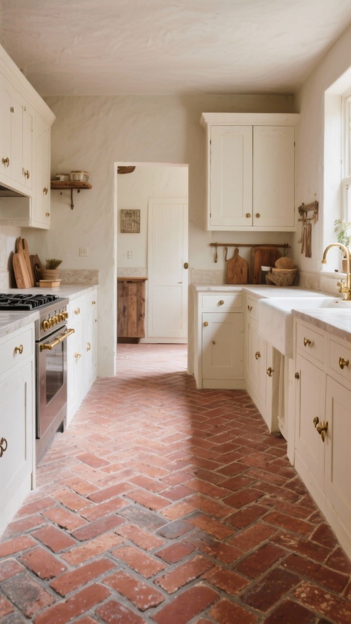 Photorealistic wide room shot of a European-country style kitchen with thin brick paver flooring laid in a herringbone pattern; soft, warm earthy red and clay tones with a matte, chalky look from a penetrating sealer; soft gray grout lines; cream cabinetry with unlacquered brass hardware; rustic wood accents and a French farmhouse vibe; gentle morning light enhances texture.