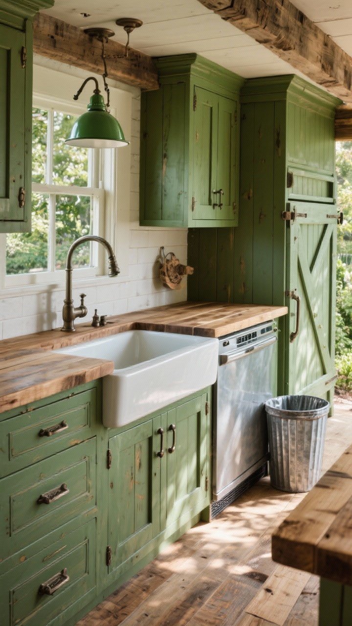 Photorealistic wide rustic farmhouse garden kitchen: reclaimed wood cabinets painted moss/fern green, galvanized metal accents, marine-sealed butcher-block countertop, barn-door hardware on an appliance garage, vintage green enamel gooseneck lights, deep farmhouse sink, critter-proof drawers and vented trash; textured materials under dappled garden light
