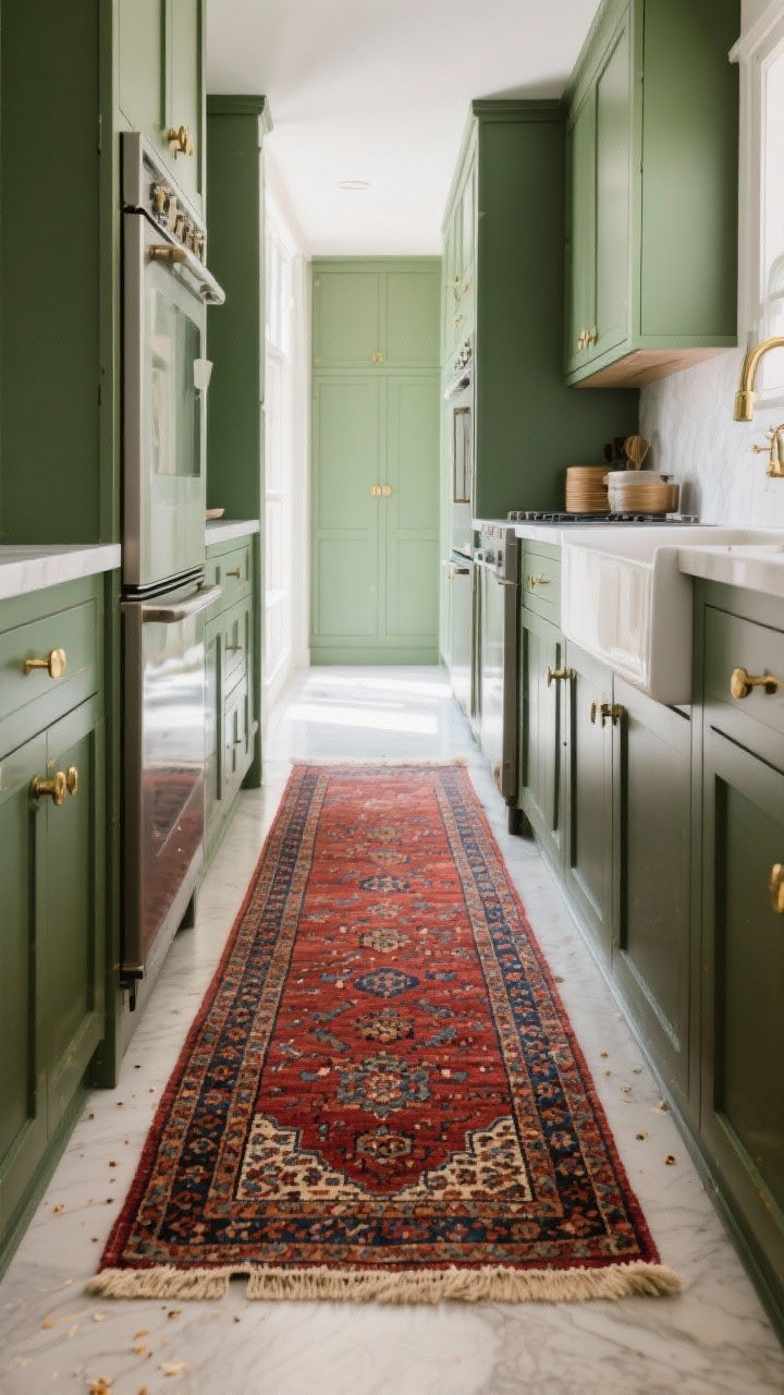 Photorealistic wide shot down a kitchen galley showing a washable runner: a vintage-look Persian flatweave in warm reds and indigos, low pile to avoid tripping, subtle patterning to hide crumbs, anchored by a thin rug pad keeping it flush; matte cabinet faces in forest green, brass hardware echoing tones in the rug; bright, even natural light reflecting off light countertops.