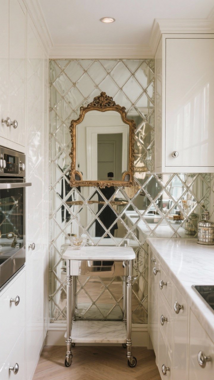 Photorealistic wide shot featuring mirrors and shine for optical magic: a small kitchen with an antiqued mirrored backsplash reflecting light, high-gloss or lacquered cabinet doors, and polished chrome hardware and accents. Add a framed mirror above a slim console or cart if space allows, gently doubling the scene. Balanced mix of natural and artificial light to enhance reflections, straight-on perspective, airy feel without clutter, no people.