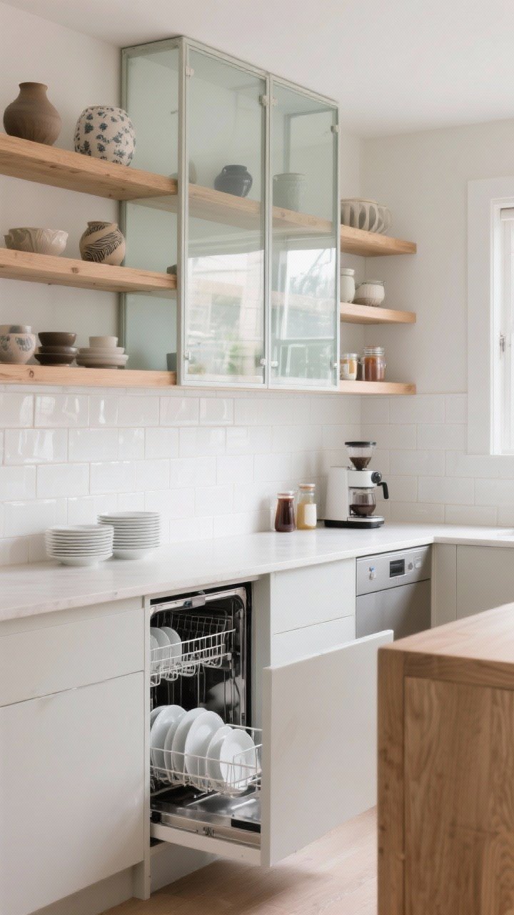 Photorealistic wide shot mixing open shelves with glass uppers: a short open shelf near the dishwasher holding everyday white dishes; adjacent glass-front cabinets showcasing curated ceramics; a floating shelf over a coffee station with syrups and jars. Balanced composition with restrained styling, light oak shelves, white zellige tile backsplash, diffuse natural daylight, and minimal clutter; straight-on view for symmetry and visual calm.