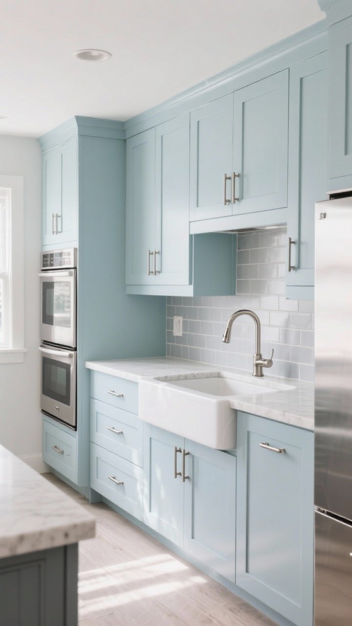 Photorealistic wide shot of a breezy, coastal-inspired kitchen with cool-tone light gray-blue cabinets and stainless appliances; brushed nickel T-bar pulls and slim linear handles on all doors and drawers; matching brushed nickel faucet; soft daylight and a clean, spa-like aesthetic; satin surfaces that hide fingerprints; pale quartz counters and subtle gray subway tile; no people