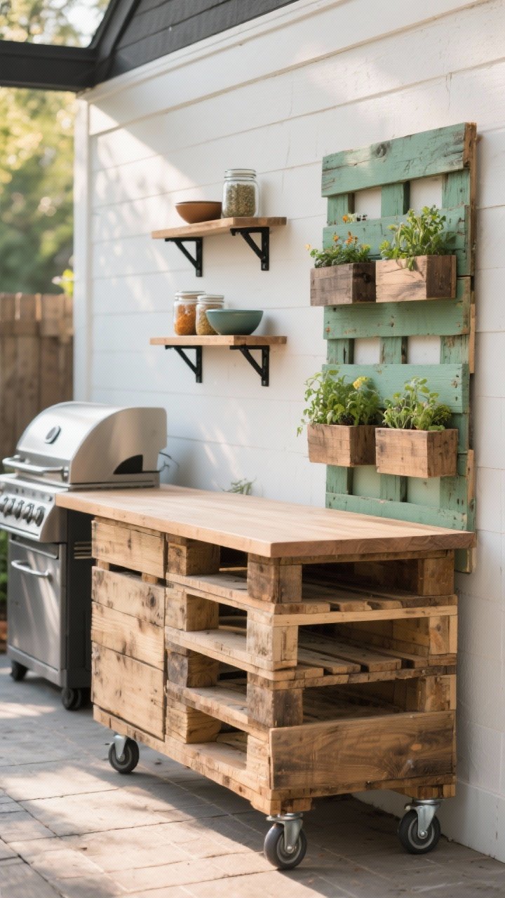 Photorealistic wide shot of a DIY outdoor prep station built from pallets and salvaged wood: two stacked pallets with a sealed plywood slab top, satin sheen from exterior polyurethane; heavy-duty casters on the base; adjacent vertical pallet mounted as a spice garden painted muted green with small planter boxes; reclaimed-plank open shelving on a wall with black metal brackets holding jars and bowls; a stainless grill nearby with a note of heat-safe finish near it; visible wood grain, sanded edges, warm afternoon light