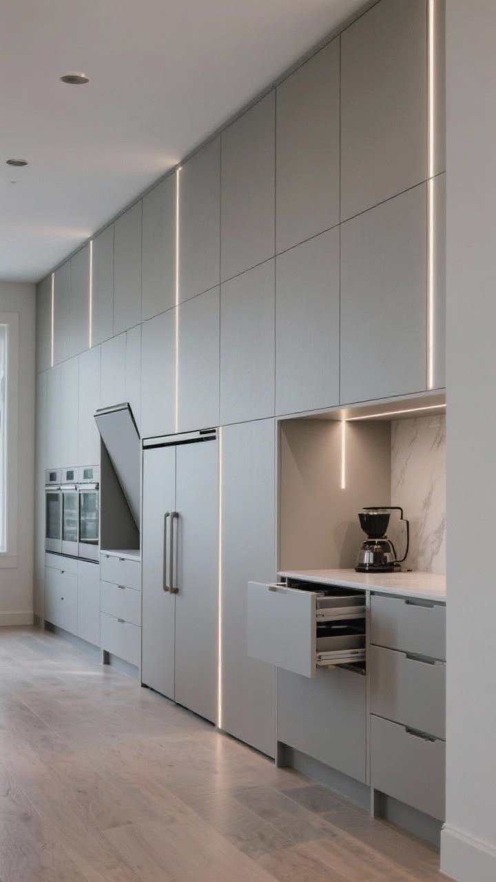 Photorealistic wide shot of a floor-to-ceiling flat-panel storage wall: full-height slab doors with consistent widths (e.g., repeating 24-inch modules) creating a calm, continuous surface; concealed tall pantry units with pull-outs implied, an appliance garage behind a lift-up door, and a hidden coffee workstation with pocket doors; vertical LED strips glowing from within slightly ajar doors; include toe-kick drawers along the base; cool, even lighting for a streamlined effect