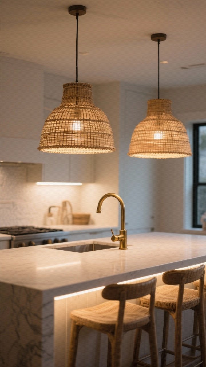 Photorealistic wide shot of a kitchen island lit like a showpiece: two oversized rattan pendants centered over a 6-foot island, hanging 32 inches above the countertop; soft, warm illumination; aged brass faucet harmonizing with pendant accents; linear under-counter LED strip on the seating side casting a subtle glow; overall balanced lighting reduces glare; clean, modern space with minimal visual clutter.