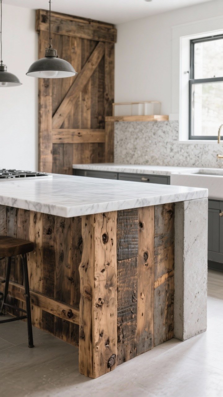 Photorealistic wide shot of a kitchen island with a reclaimed wood base—rich patina, knots, and varied grain—paired with a sleek honed stone top. Show two material pairings in one cohesive scene: reclaimed oak with honed Carrara on the primary surface, and a barnboard panel facing an end cap of concrete-look quartz for an industrial-farmhouse note. Surfaces are sealed in clear matte to keep texture while blocking stains. Balanced, diffused daylight; camera at counter height to highlight the contrast of rugged base and crisp stone.