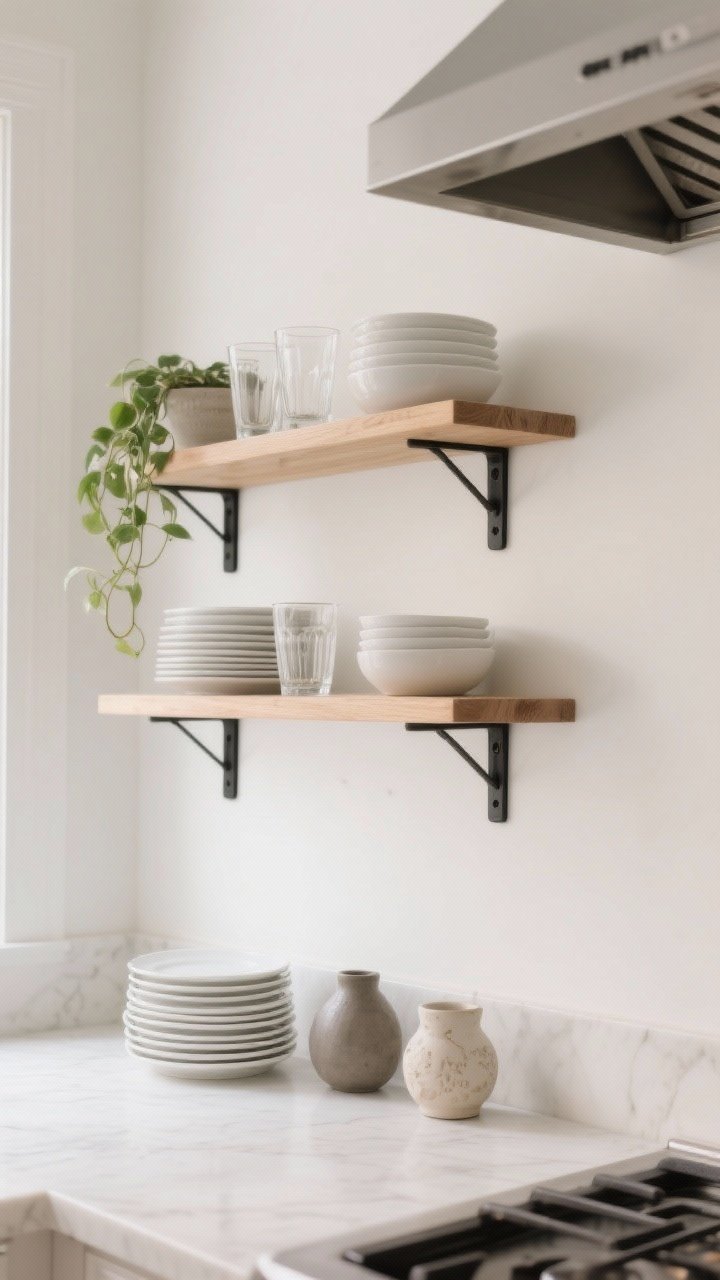 Photorealistic wide shot of a light, airy kitchen wall featuring two runs of shallow 8–10 inch natural wood open shelves with matte black brackets, styled with matching white plates and bowls neatly stacked, a couple of clear glass tumblers, a small trailing plant, and curated ceramics; daily-use dishes on the lower shelf and pretty objects on the upper; sleek modern range hood visible to imply good ventilation; soft natural daylight, clean-girl aesthetic, minimal visual weight, straight-on perspective