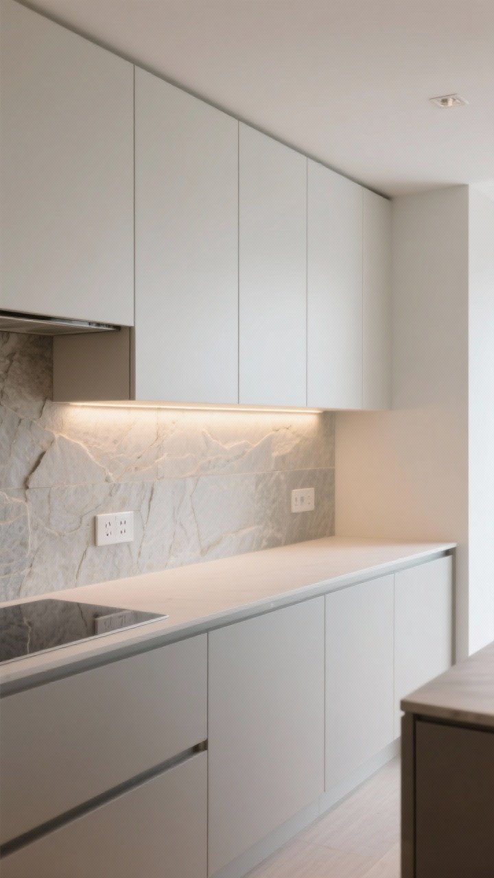 Photorealistic wide shot of a light, architectural kitchen with floating flat-panel uppers: shorter uppers with a gap to the ceiling for airiness, shallow depth (10–12 inches), continuous full-height stone backsplash on the wall without uppers, and a soft under-cabinet LED light bar creating an invisible glow; outlets hidden in a plugmold strip; minimalist styling; low, even ambient light for calm lines; side angle showing negative space