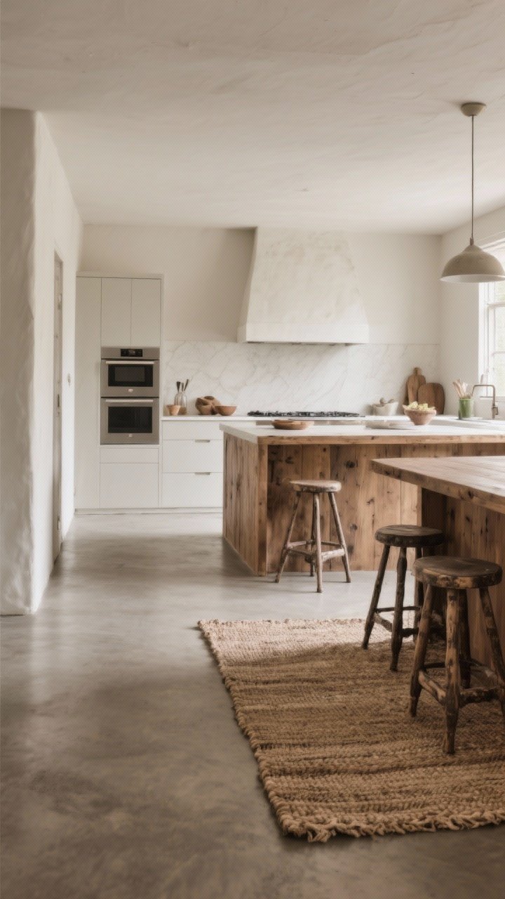 Photorealistic wide shot of a minimalist rustic kitchen with a soft-finish concrete floor in warm gray; hand-troweled, lightly honed microtopping texture with a matte penetrating sealer; seamless, calm surface; paired with a natural wood island and vintage stools to balance; layered natural fiber rug near the prep zone; soft, diffused light for grounded serenity.