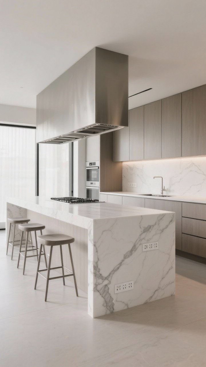 Photorealistic wide shot of a modern kitchen featuring a dramatic waterfall countertop island in white quartz with the stone flowing seamlessly down both sides; clean lines, integrated outlets discreetly placed on the inside leg, a 12–15 inch overhang with hidden steel support for stool seating, sleek flat-front cabinetry with deep drawers on the working side, and minimalist backless stools tucked under the overhang; soft daylight, matte finishes, and a calm, luxe mood