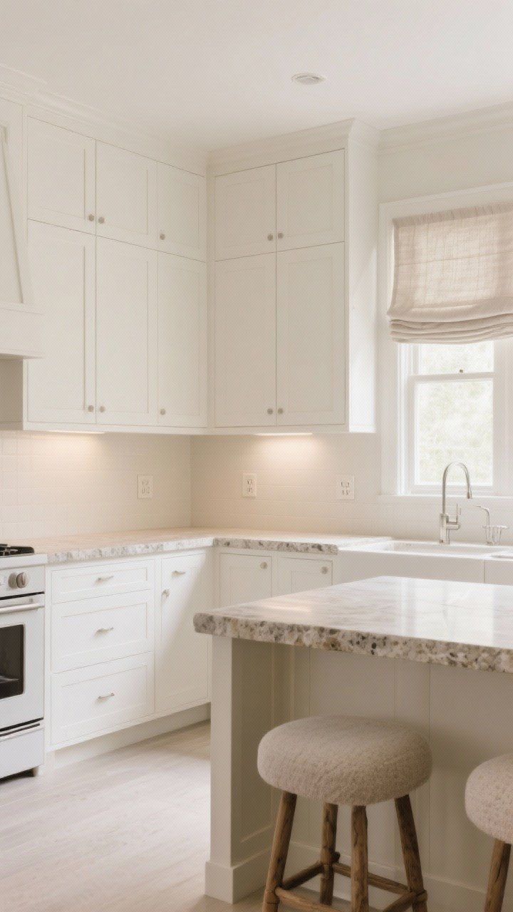 Photorealistic wide shot of a monochrome kitchen where walls and flat-panel cabinets are painted the same warm white; matte cabinets, eggshell wall finish, and a stone countertop in the same tone for a tone-on-tone “soft color cloud” effect; add texture via linen Roman shades, slubby counter stools, and honed stone surface; color-matched outlet covers and discreet lighting; straight-on symmetry for a serene, expansive feel