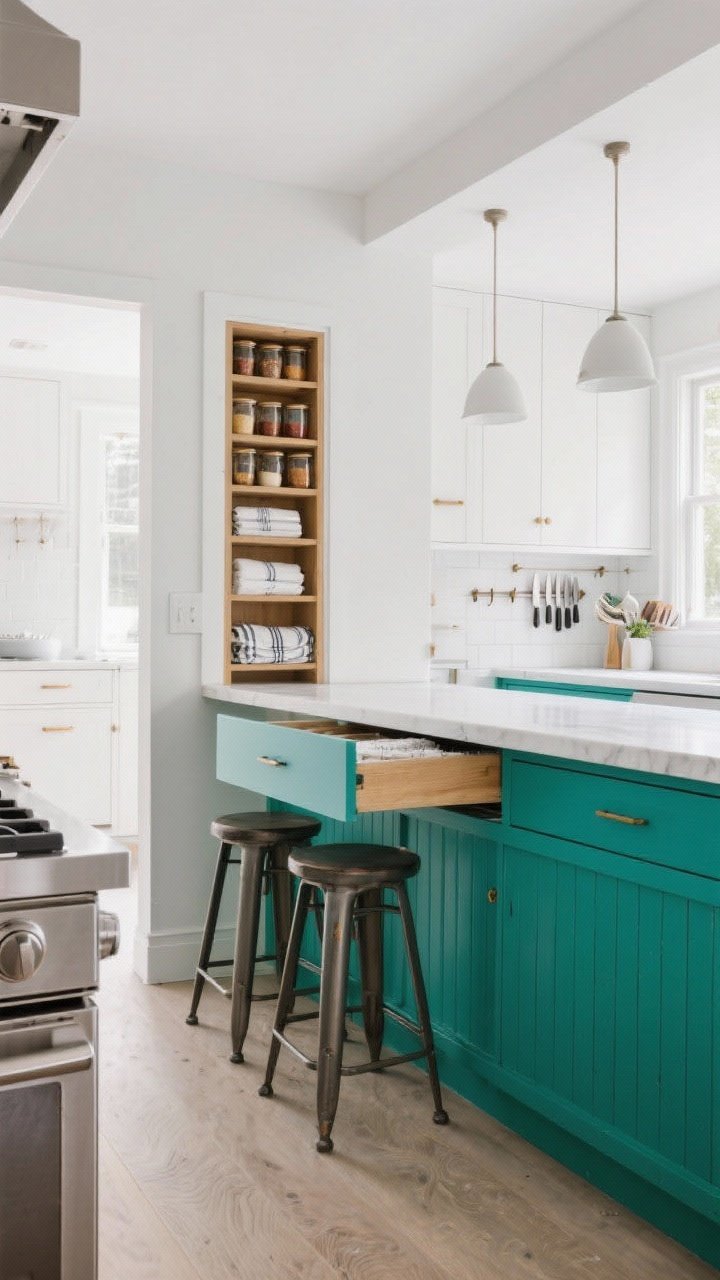 Photorealistic wide shot of a petite kitchen with a slim island (24–30 inches deep): backless stools tucked under a modest overhang, slide-out seating panel partially extended, shallow drawers for spices and linens, and a drop-leaf extension folded down at the end; bold painted base color or fluted detail to make a mini statement, end panel with peg rails or magnetic knife strip to save drawer space; bright, space-efficient layout maintaining at least 36 inches of circulation