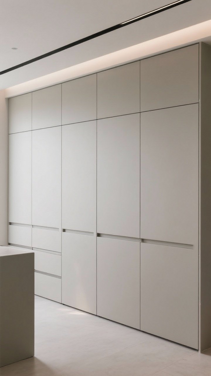 Photorealistic wide shot of a seamless, handleless kitchen wall: flat-panel doors with a mix of J-pull profiles on the lowers and push-to-open uppers, recessed rails creating continuous horizontal lines; fingerprint-resistant finishes on high-touch lowers in a soft greige; include soft-close hinge detailing implied by tightly aligned doors; minimal lighting for a zen, magazine-cover look; straight-on view emphasizing clean, uninterrupted faces
