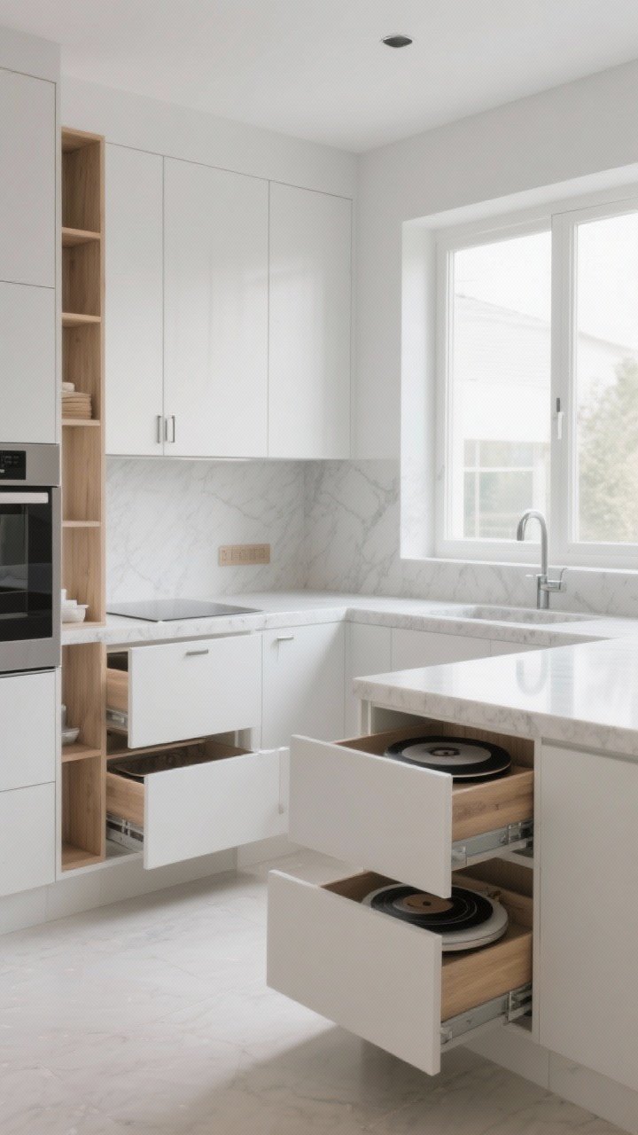 Photorealistic wide shot of a serene, clutter-free kitchen as the conclusion scene: white cabinetry with matte finishes, natural wood accents, and streamlined hardware; visible pull-outs, vertical dividers, and a discrete turntable peeking from open doors/drawers; everything has a place, clear labels, and balanced zones; bright natural light from large windows creates a spacious feel; clean quartz counters, no people, crisp lines, photographed from a corner angle to showcase the overall system working together