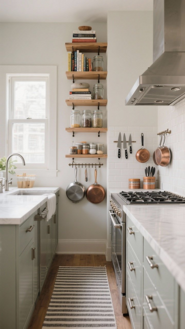 Photorealistic wide shot of a small galley kitchen emphasizing vertical storage: tall open shelves installed above a window and over the range hood holding cookbooks and glass jars, a wall-mounted pegboard neatly displaying pots, pans, and tools, and magnetic strips with knives and round spice tins. Include vertical visual cues like a narrow vertical tile backsplash and a striped runner on the floor, plus elongated, tall cabinet pulls. Natural daylight, straight-on perspective to accentuate height, light neutral walls with wood and stainless accents, no people.